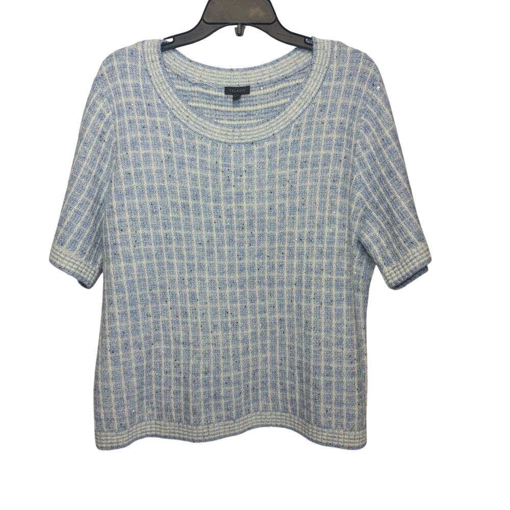 Talbots short-sleeve crewneck sequin plaid sweater in‎ light blue Size XL